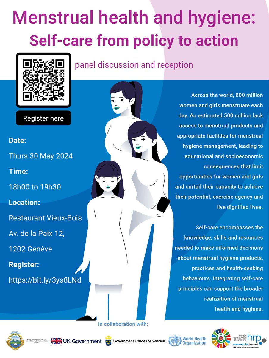 If you are at #WHA77 and passionate about #MenstrualHygieneDay, register for our event: Menstrual health and hygiene: Self-care from policy to action. 30 May at 18:00 CET // Restaurant Vieux-Bois bit.ly/3ys8LNd #PeriodFriendlyWorld