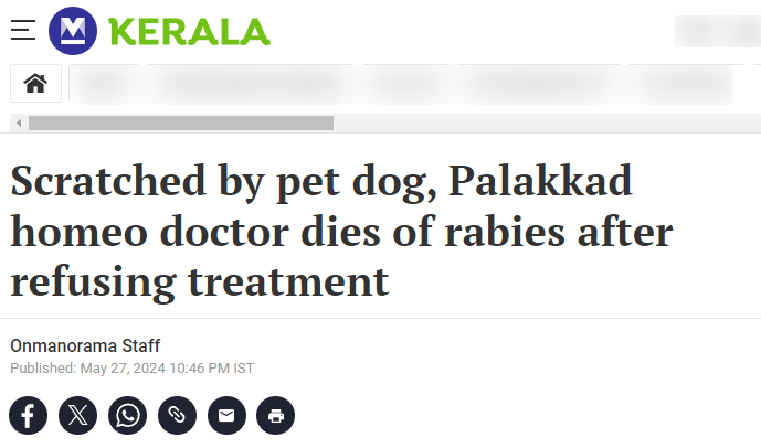 Avoidable loss.

After sustaining a significant wound from a rabid dog, the homeopathy practitioner chose to self-treat with homeopathic remedies, rejecting standard medical care until rabies symptoms appeared weeks later.

The rabid pet dog died shortly after wounding the