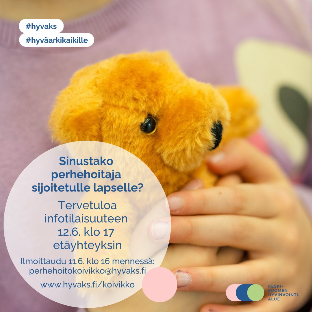 Kiinnostaisiko sinun perhettäsi toimia sijaisperheenä sijoitetulle lapselle? Tervetuloa infotilaisuuteen etäyhteyksin 12.6. klo 17. Ilmoittaudu 11.6. perhehoitokoivikko(at)hyvaks.fi.

#hyvaks #hyväarkikaikille #perhehoitokeskisuomi

hyvaks.fi/uutiset/infoti…