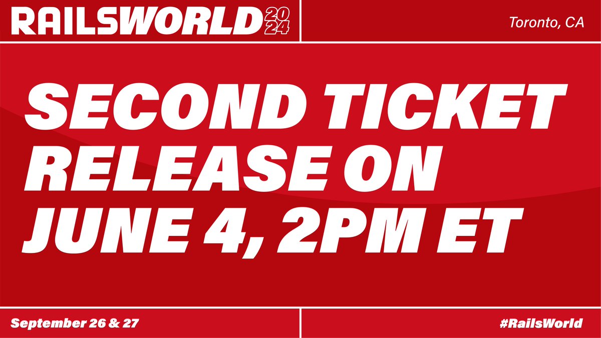 More good news: We will have a second, smaller batch of #RailsWorld tickets going live on Tuesday, June 4 at 2pm ET. rubyonrails.org/world/2024