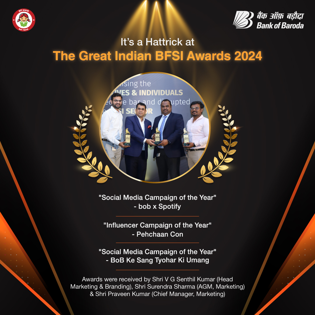 🏆 Bank of Baroda shines at 'The Great Indian BFSI Awards 2024' with a hattrick of wins! 🎉 Proud recipient of 'Social Media Campaign Of The Year' (twice!) & 'Influencer Campaign Of The Year' among Large Banks. Thank you for your unwavering support! 🌟 #BankofBaroda #BFSIAwards