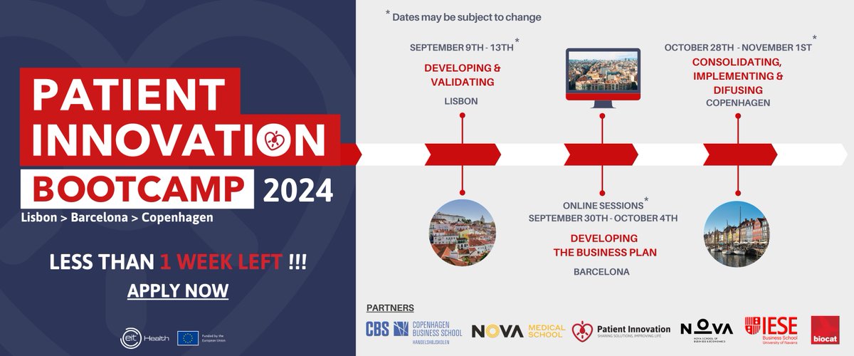 Patient Innovation (@patientinnov) on Twitter photo ⏳ Time is running out! ⏳
Only ONE WEEK LEFT to apply for the Patient Innovation Bootcamp 2024, supported by <a href="/EITHealth/">EIT Health</a> !
Apply by June 3rd! Don't miss out on this amazing opportunity! Learn more here: eithealth.eu/programmes/pat… ⏳ Time is running out! ⏳
Only ONE WEEK LEFT to apply for the Patient Innovation Bootcamp 2024, supported by <a href="/EITHealth/">EIT Health</a> !
Apply by June 3rd! Don't miss out on this amazing opportunity! Learn more here: eithealth.eu/programmes/pat…