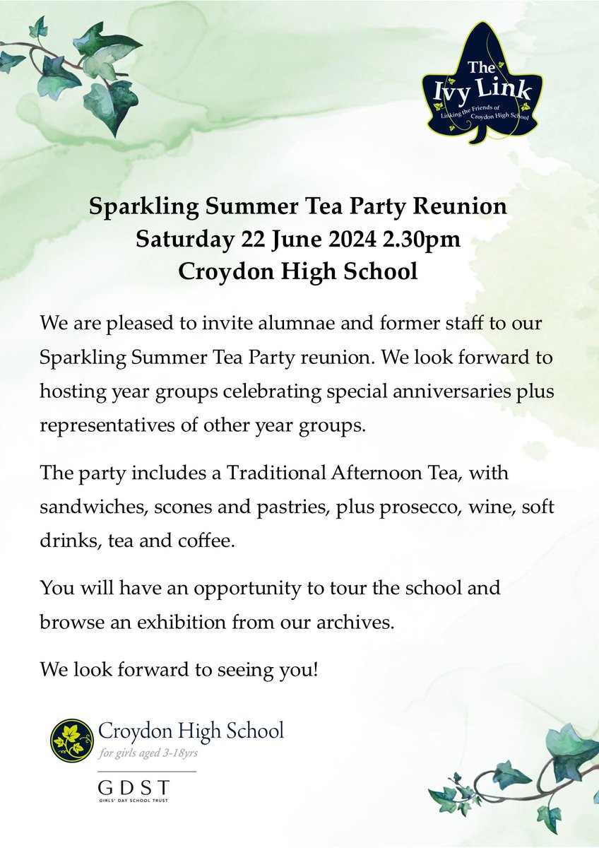 We are delighted to welcome @CroydonHigh alumnae and former staff to the Sparkling Summer Tea Party Reunion on Saturday, 22 June 2024, at 2.30pm. Please book here: bit.ly/SparklingSumme… @GDSTAlumnae