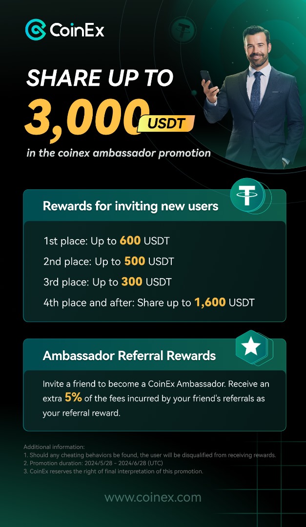 Bringing to your notice, The CoinEx's Ambassador Program!

CoinEx is running an Ambassador Promotion Campaign from May 28th to June 29th. Your chance to earn fantastic rewards ranging from 1,000 to 3,000 U tokens. 

Check out the campaign details and rewards: