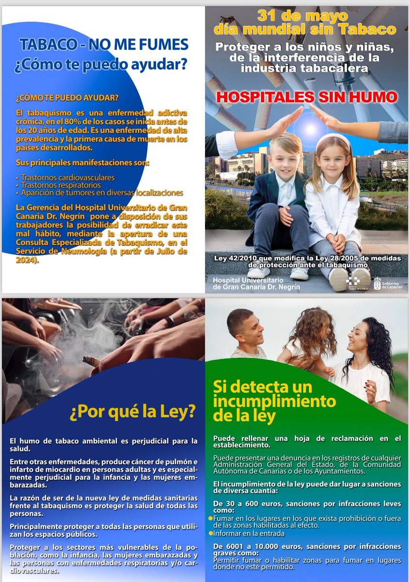 El 31 de mayo es el #DiaMundialSinTabaco y el hospital de GC Dr Negrin se suma a la protección de los menores al humo del tabaco y por un hospital libre humos. 🚭🏥🫁

Se hará entrega a todos los usuarios y profesionales del centro de folletos informativos y carteleria de