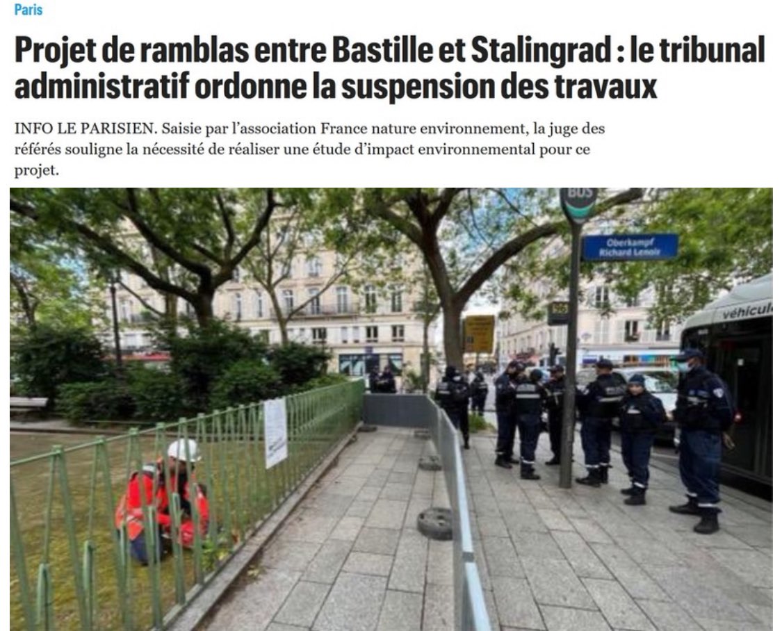 Le tribunal administratif suspend le projet de ramblas écocide d’#AnneHidalgo : on comprend mieux pourquoi la Mairie de Paris a tenté de scier les grilles des squares en urgence armée de sa police municipale avant la décision de justice. Quelle malhonnêteté. #saccageparis