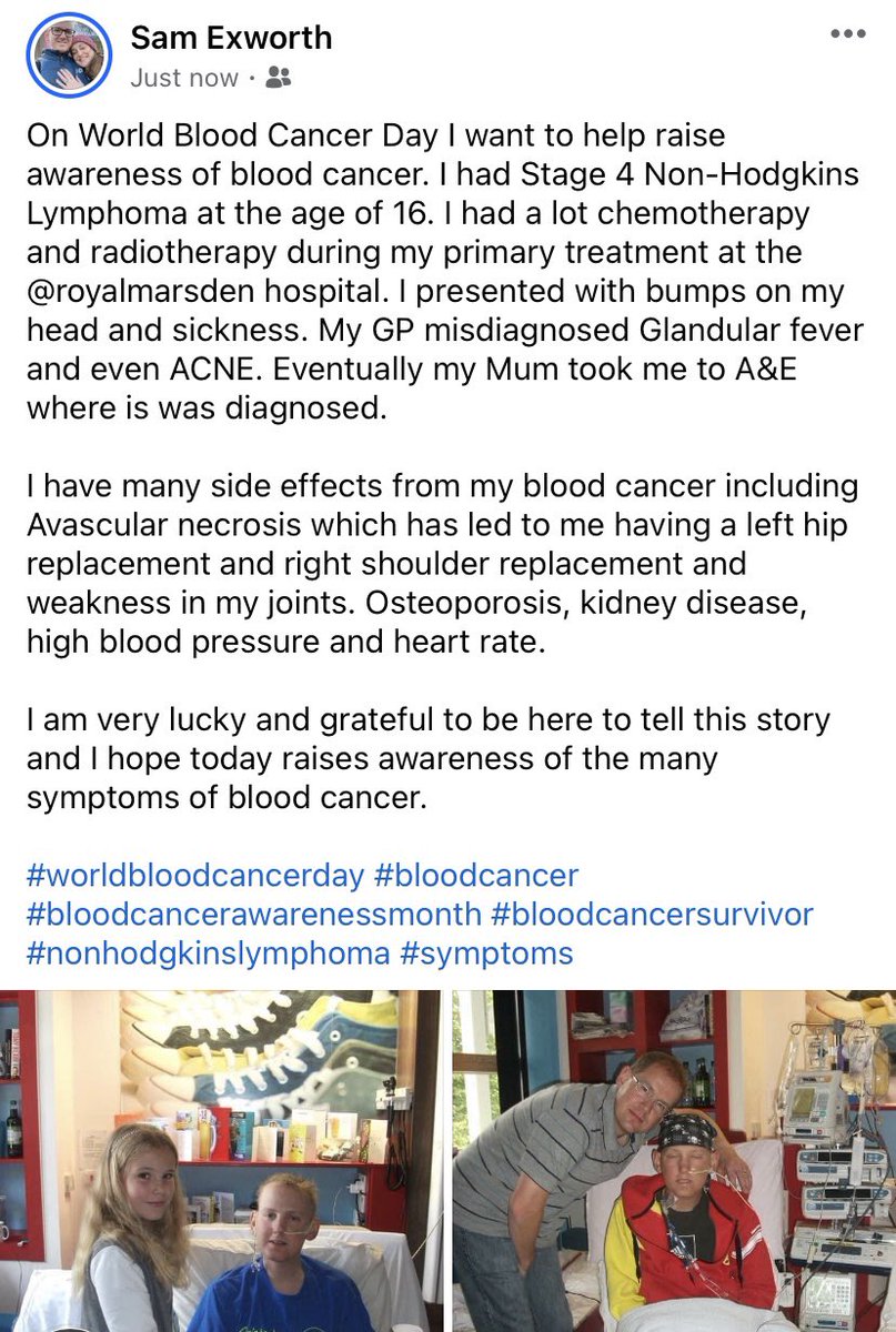 On World Blood Cancer Day I want to help raise awareness of blood cancer. I had Stage 4 Non-Hodgkins Lymphoma at the age of 16. I had a lot chemotherapy and radiotherapy during my primary treatment at the @royalmarsden hospital. #worldbloodcancerday #bloodcancerawarenessday