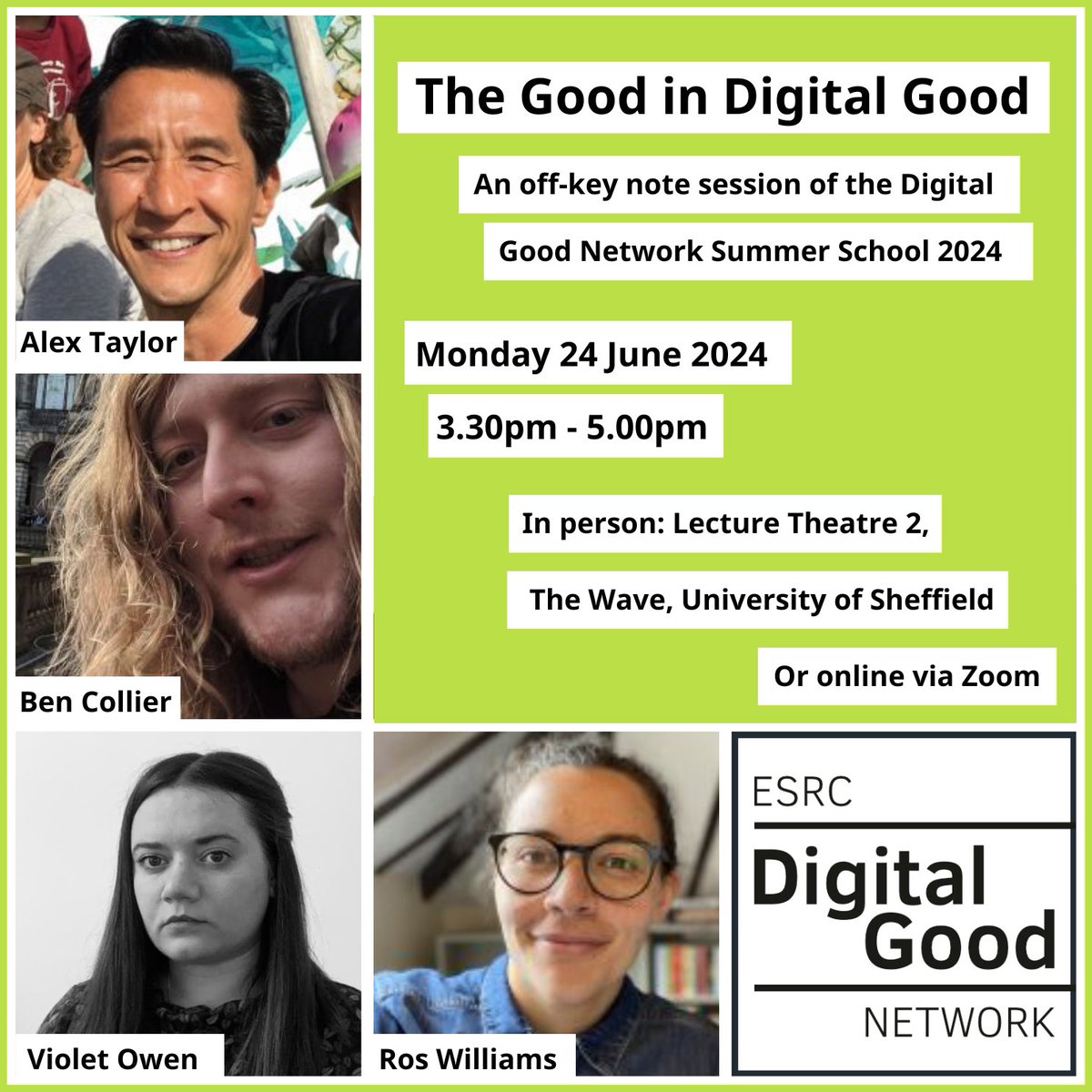 ESRC Digital Good Network (@digitalgoodnet) on Twitter photo Join <a href="/alxndrt/">alextaylor@dair-community.social</a> @JohnnyHistone @VIOLETSrFL0WERS <a href="/roswillz/">ros williams</a> discussing ‘The Good in Digital Good’ as our Summer School off-key note session.
Join in Sheffield or online, to reflect on themes inc labour, generosity, creativity, global flows, harm & power.
digitalgood.net/the-good-in-di… Join <a href="/alxndrt/">alextaylor@dair-community.social</a> @JohnnyHistone @VIOLETSrFL0WERS <a href="/roswillz/">ros williams</a> discussing ‘The Good in Digital Good’ as our Summer School off-key note session.
Join in Sheffield or online, to reflect on themes inc labour, generosity, creativity, global flows, harm & power.
digitalgood.net/the-good-in-di…