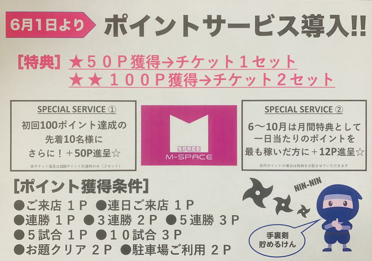 ℹ️6/1(土)より「M-SPACE」がポイントサービス導入‼️📢

［対象］
ご来店/連日/連勝/3連勝/5連勝/5試合/10試合/お題クリア(不定期)/🅿️

記念イベントとして、

①初回100P達成の先着10名様に50P進呈

②6〜10月は毎月、1日当たりの最多ポイント獲得者に12P進呈（同点→分配）

mahjong-space.com/index.php?QBlo…