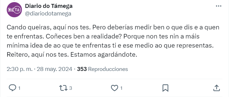 Lo han borrado: el periódico más leído de la comarca de Verín @diariodotamega me amenaza a mí y a @ElSaltoDiario por revelar los negocios de un cargo de @sumar con el Concello de Verín, que los financia. Seguiremos haciendo periodismo porque a nosotras nos sostiene la gente.