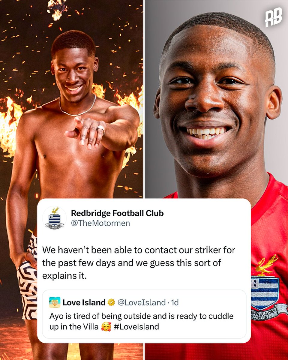This is too funny… Redbridge FC striker Ayo Odukoya is spending his pre-season on Love Island this year 👀🤣

We all know someone who would do the same… Tag them 😭👇🏼