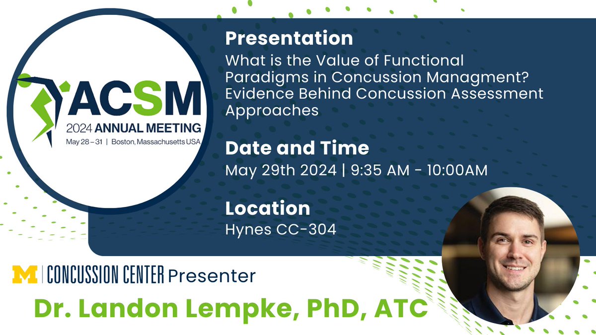 Michigan Concussion Center (@umichconcussion) on Twitter photo Alongside experts at the #ACSM24 Conference, Dr. Landon Lempke (<a href="/lblempke/">Landon Lempke</a>) shares a lecture on “What is the Value of Functional Paradigms in Concussion Management? Evidence Behind Concussion Assessment Approaches.” <a href="/ACSMstories/">ACSM Communications</a> <a href="/ACSMNews/">American College of Sports Medicine</a>
👇Read more here:
abstractsonline.com/pp8/#!/20101/s… Alongside experts at the #ACSM24 Conference, Dr. Landon Lempke (<a href="/lblempke/">Landon Lempke</a>) shares a lecture on “What is the Value of Functional Paradigms in Concussion Management? Evidence Behind Concussion Assessment Approaches.” <a href="/ACSMstories/">ACSM Communications</a> <a href="/ACSMNews/">American College of Sports Medicine</a>
👇Read more here:
abstractsonline.com/pp8/#!/20101/s…
