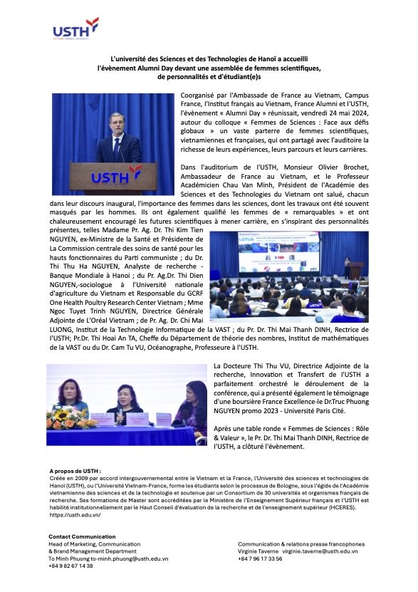 ⁦<a href="/usth_channel/">University of Science and Technology of Hanoi</a>⁩ a accueilli le colloque « Femmes de Sciences : face aux défis globaux » pour #Alumni_Day coorganisé par ⁦<a href="/FranceAuVietnam/">La France au Vietnam 🇫🇷🇻🇳</a>⁩ ⁦<a href="/FranceAlumni/">France Alumni</a>⁩ ⁦<a href="/CampusFrance/">Campus France</a>⁩ @Institut_français_Vietnam