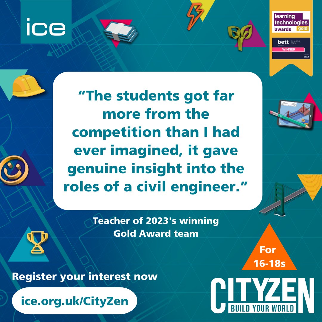 The ICE #CityZen Award is a free #careers #competition for ages 16-18🏆

#Students will get a taste of what it's like to be a #CivilEngineer in the form of an award-winning digital game and an optional creative project pitch. 🤩

Register interest here👉bit.ly/CityZen-info