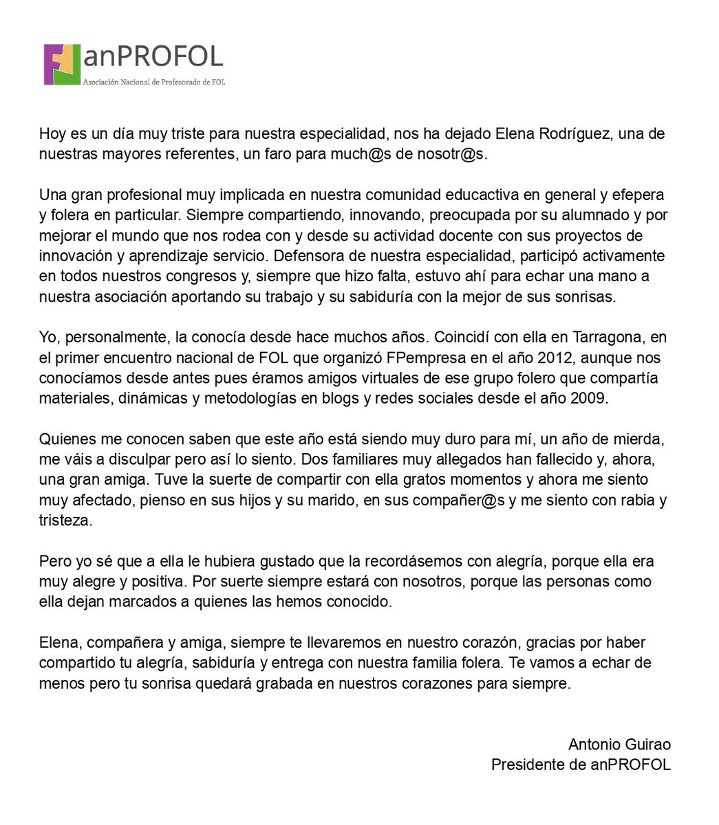 Compañera y amiga <a href="/iElenaRJ/">Elena Rodríguez</a>, siempre te llevaremos en nuestro corazón, gracias por haber compartido tu alegría, sabiduría y entrega con nuestra familia folera. Te vamos a echar de menos pero tu sonrisa quedará grabada en nuestros corazones para siempre.