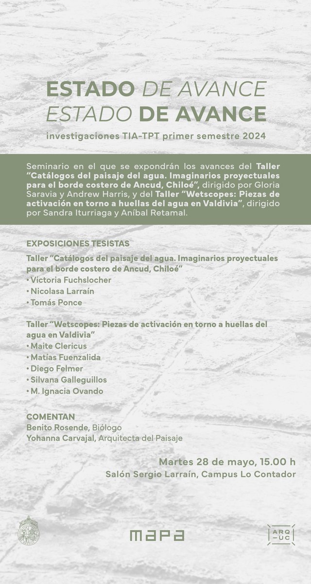 ¡En breve! 

***
MAY 28 | 15:00 
Seminario "Estado de avance..."

arquitectura.uc.cl/extension/agen…