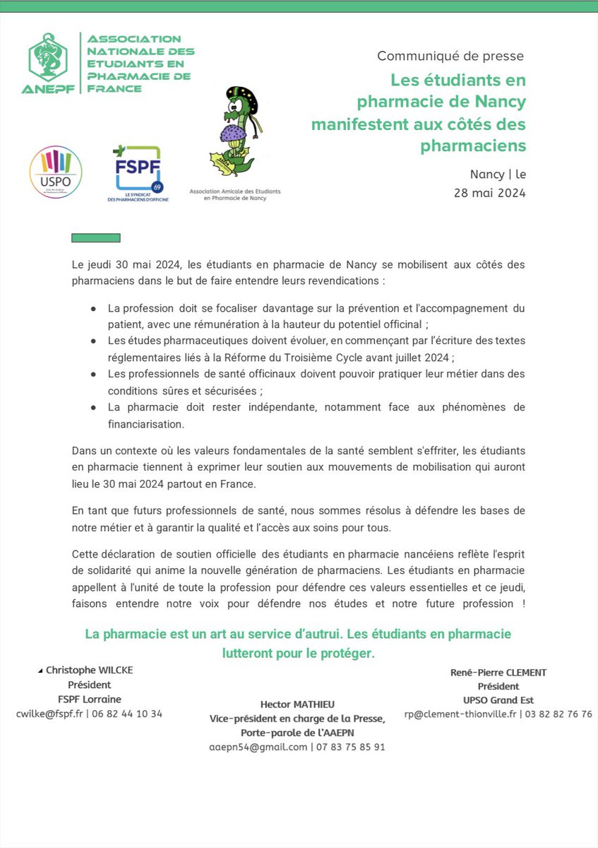 MOBILISATION DES PHARMACIENS ⚕️

On se retrouve le jeudi 30 mai à 10h place Stanislas pour faire entendre notre voix 🗣️

Mobilisons nous aujourd’hui pour exister demain 🫵🏼