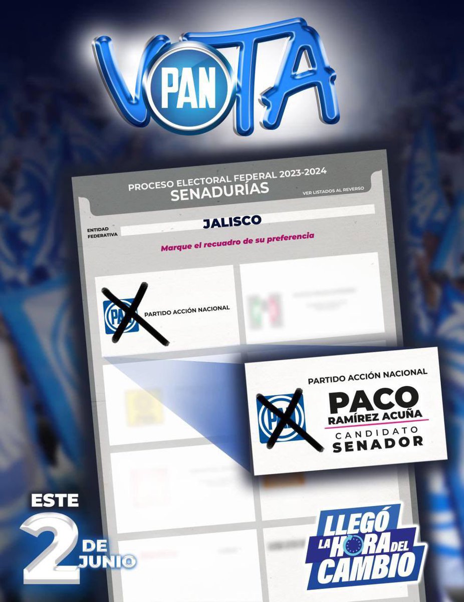 ¡Este 2 de junio, vota por el cambio! 
Es nuestra oportunidad de hacer la diferencia y cambiar el rumbo de México y #Jalisco.

#PacoSenador
#LlegóLaHora
#MxSinMiedo