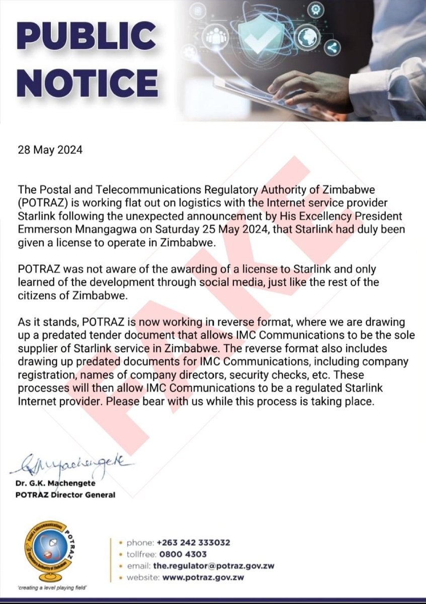 The Postal and Telecommunications Regulatory Authority of The Zimbabwe (Potraz) has dismissed as fake a public notice circulating claiming the regulatory body learnt through social media President Emmerson Mnangagwa's announcement of his approval of the licensing of high-speed