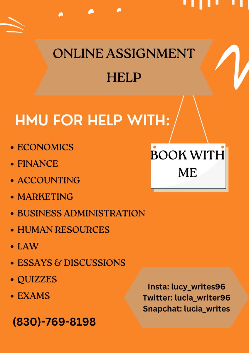 Lucia_Writer96's tweet image. Are you struggling with classes and assignments? I can help. Hmu for help with essays, math, science, business assignments, classes, exams and quizzes. 
#classes #AssignmentAssistance #assignmenthelp #summer #summerclasses