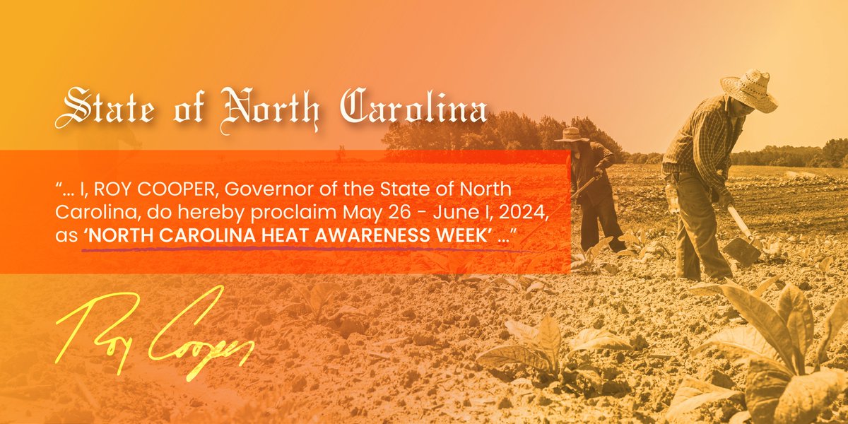 Thank you for your leadership, @NC_Governor Cooper. It's imperative that NC's workforce knows how to prevent & detect heat-related illnesses. Here are some tips that can save a life:
🥤stay hydrated
👕wear appropriate clothing
🦥pace yourself
⏰take breaks
🧢avoid direct sun