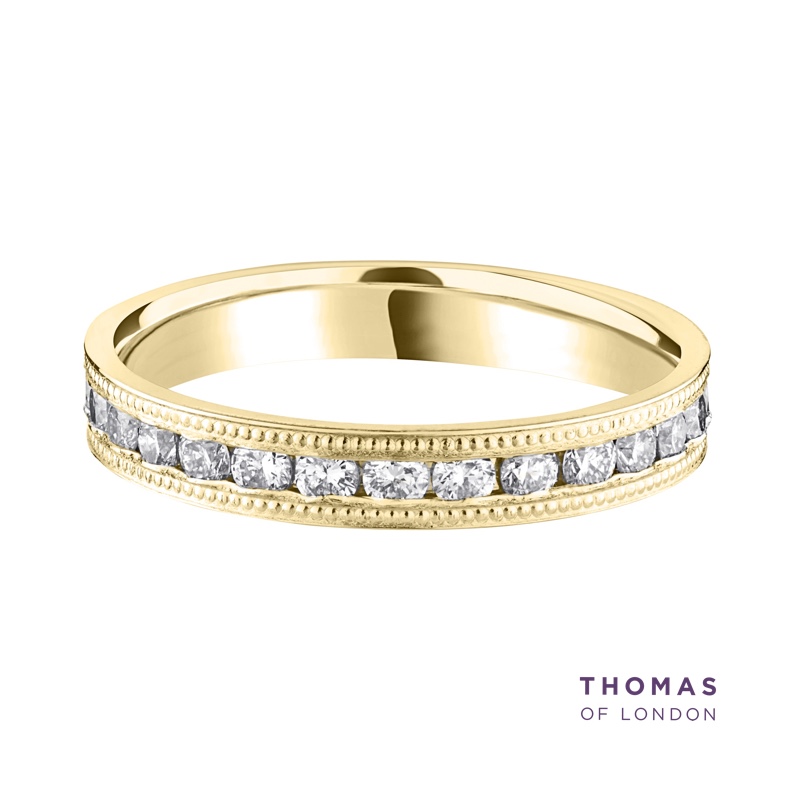 Elevate your channel set diamond wedding ring with a fine milgrain finish along the sides of the band. thomasoflondon.com/3-2mm-diamond-… #diamond #weddingring #weddingbands #thomasoflondon #jewellery