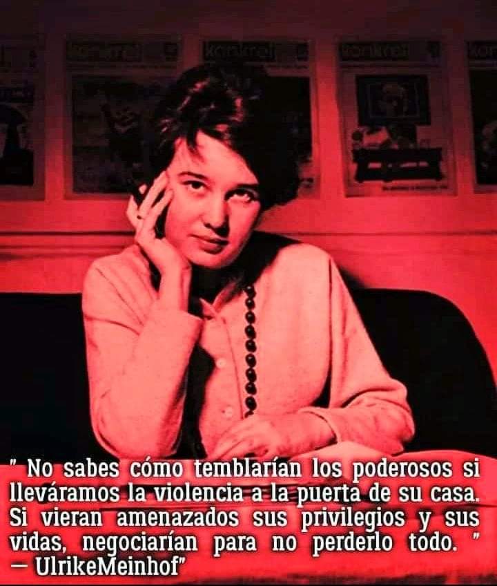 ⚫ Hace cuarenta y ocho años Ulrike Marie Meinhof (1934-1976) apareció ahorcada en su celda de la prisión de Stuttgart-Stammheim, Alemania occidental.

Ulrike dijo a su hermana Wienke: “si oyes que me he suicidado, puedes estar segura de que ha sido un asesinato”.

Se
⬇️