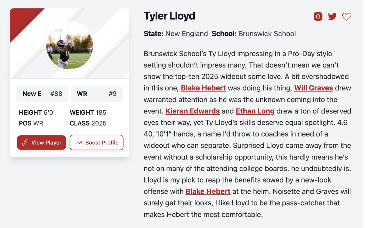 Coaches, make sure you're getting 👀 on this '25 WR this summer! @TyLloyd02 is gearing up to have a special year! Also, thanks to @PRZ_CoachSilva for all he does for New England & the write-up on Ty!