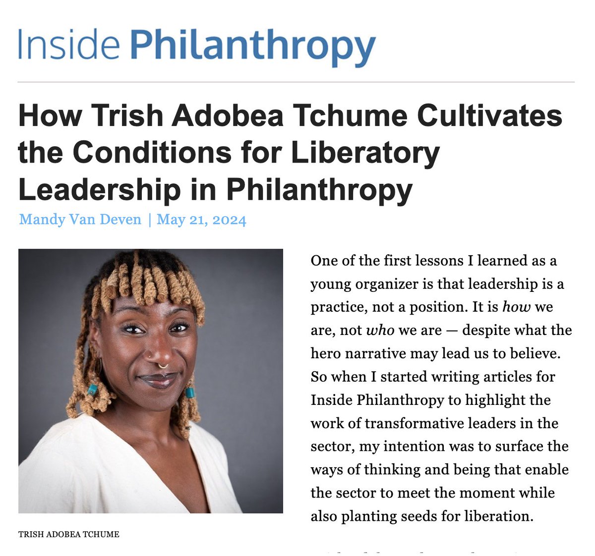 Robert Sterling Clark Foundation (@rsclarkfdn) on Twitter photo In this <a href="/InsidePhilanthr/">Inside Philanthropy</a> interview, <a href="/ttchume/">Trish Adobea Tchume</a> spoke with <a href="/mandyvandeven/">Mandy Van Deven</a> about what leadership means for Black women, how to navigate having positional power + the responsibility philanthropy has to cultivate the conditions for a just + joyful future. archive.is/CW6Z8 In this <a href="/InsidePhilanthr/">Inside Philanthropy</a> interview, <a href="/ttchume/">Trish Adobea Tchume</a> spoke with <a href="/mandyvandeven/">Mandy Van Deven</a> about what leadership means for Black women, how to navigate having positional power + the responsibility philanthropy has to cultivate the conditions for a just + joyful future. archive.is/CW6Z8
