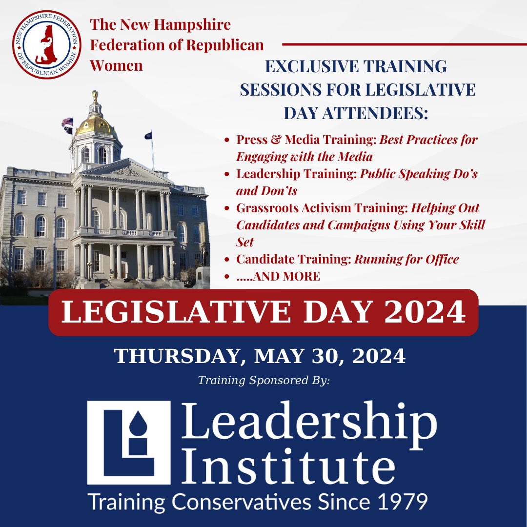 We are excited to announce our NHFRW Legislative Day will feature an Exclusive Training Session by @LeadershipInst in addition to our full day of civic engagement and networking opportunities!

➡️ SECURE YOUR SPOT: secure.winred.com/nhfrw/legislat…

#NHPolitics #Empoweredwomenempowerwomen