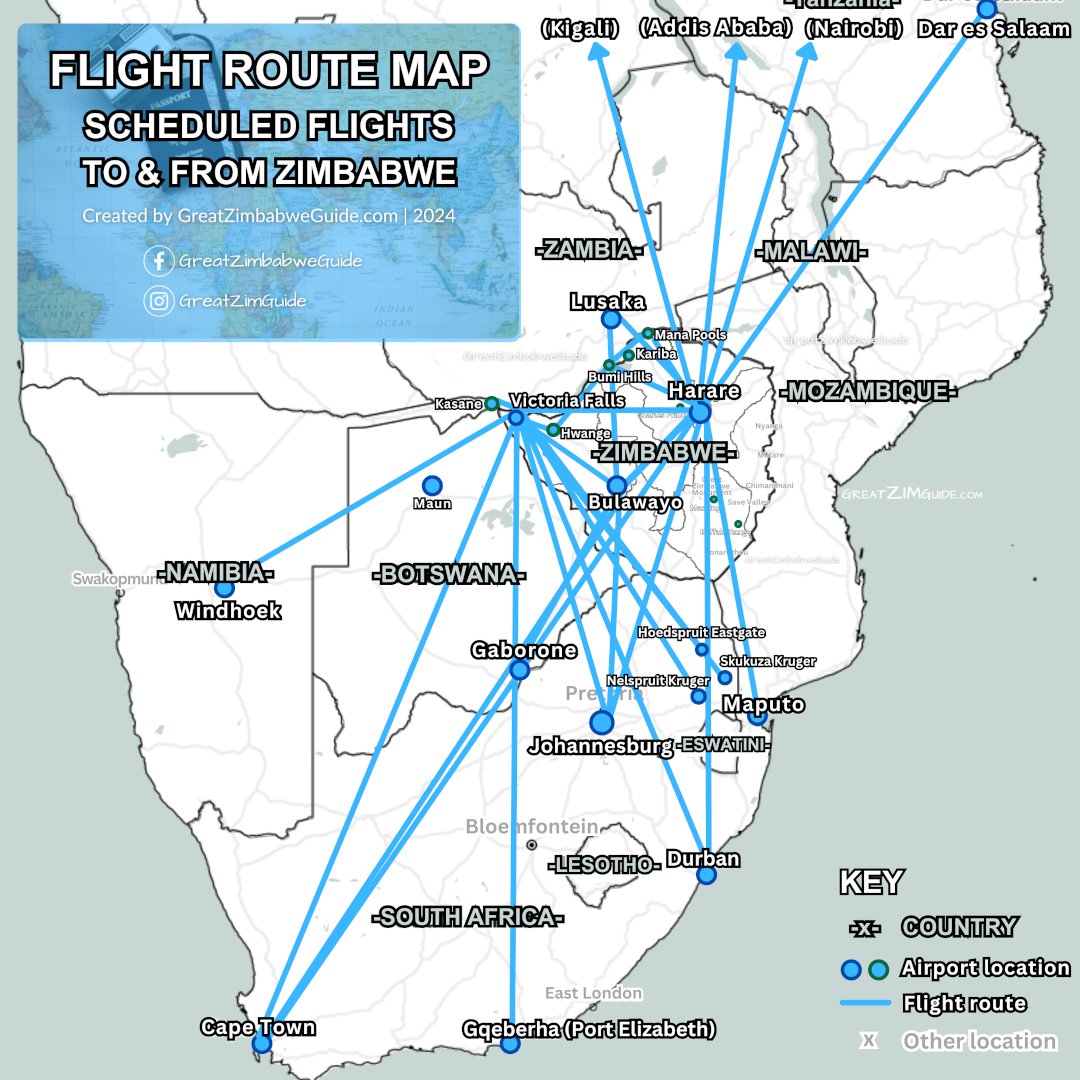Q: Do you know of an up-to-date map that shows ALL the scheduled #flights to #Zimbabwe?
A: It didn’t exist...until NOW! 
Why is this useful? You HAVE to stop somewhere. Good to know where layover airports are so that you can plan best flight for you
#flightroutemap #visitzimbabwe