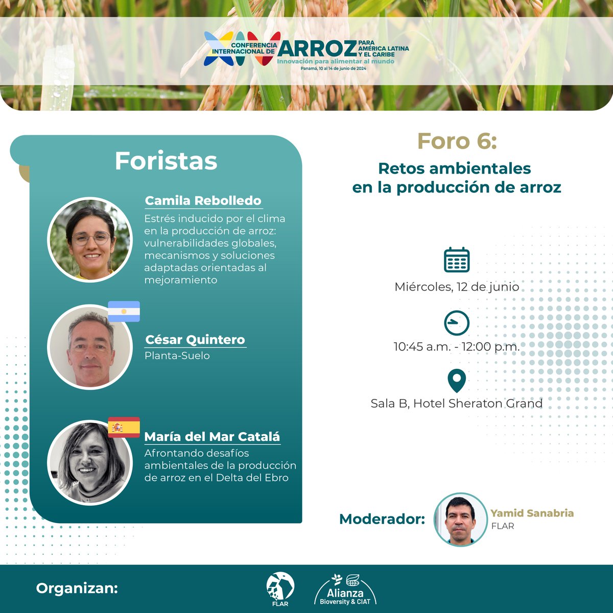 arrozFLAR's tweet image. #Foros | En el foro &quot;Retos ambientales en la producción de arroz&quot;, investigadores de @Cirad/@Biovintciat_esp, @uneroficial 🇦🇷 y el @irtacat 🇪🇸 compartirán su experiencia afrontando desafíos climáticos y las posibles soluciones. ¡Únete a esta charla! conferenciaarrozalc.com/programa/
