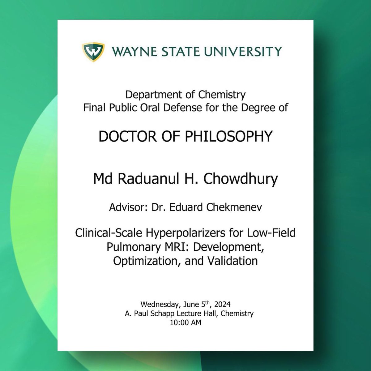 waynestatechem (@waynestatechem) on Twitter photo The Final Public Oral Defense for the Degree of Doctor of Philosophy from Md Raduanul H. Chowdhury will be held on Wednesday, June 5th, 10:00 am, #wsuchemistry Good Luck! #phddefense #NMR <a href="/e_chekmenev/">EChekmenev</a> The Final Public Oral Defense for the Degree of Doctor of Philosophy from Md Raduanul H. Chowdhury will be held on Wednesday, June 5th, 10:00 am, #wsuchemistry Good Luck! #phddefense #NMR <a href="/e_chekmenev/">EChekmenev</a>
