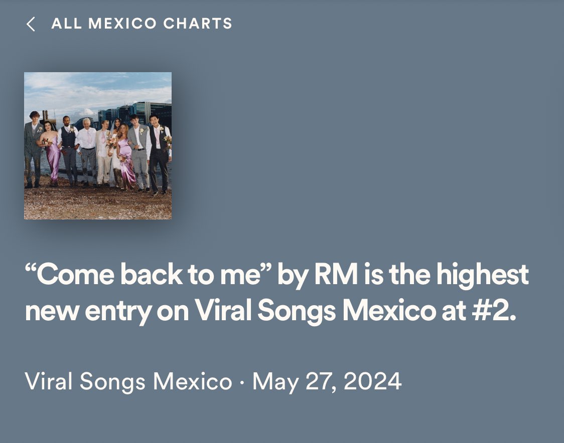 “Come back to me” debuta como la nueva entrada más alta en el #2 del Top Canciones Virales Spotify México 🇲🇽 

open.spotify.com/track/1PT8hWQv…