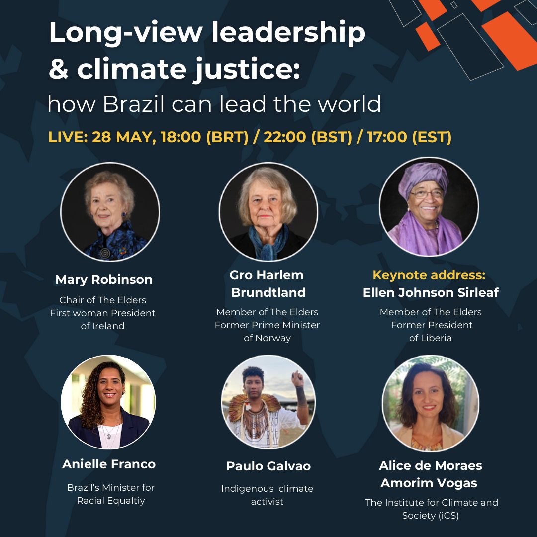 🔔 STARTING SOON:

Elders and guests, including Brazil's Minister for Racial Equality, @aniellefranco, discuss leadership, justice and Brazil’s global role in tackling the climate and nature crisis.

Live @ 1800 BRT / 2200 BST / 1700 EST

📺 Watch online: theelders.org/news/long-view…