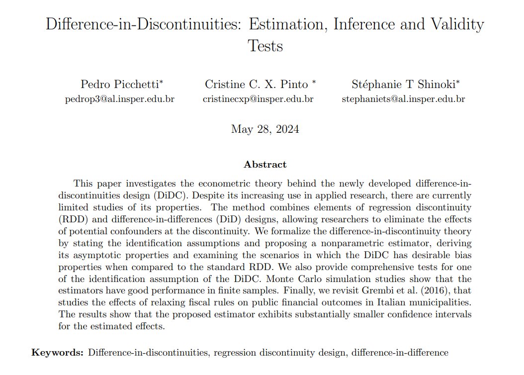 🚨NEW WORKING PAPER🚨

Hi #econtwitter! I am happy to share the new working paper "Difference-in-Discontinuities: Estimation, Inference and Validity Tests" (with Cristine Pinto and Stéphanie Shinoki).
