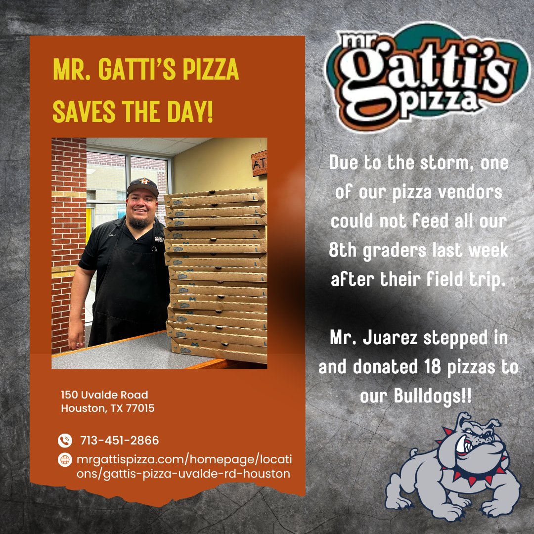 AguirreJrHigh's tweet image. Thank you Mr. Juarez with Mr. Gatti's Pizza (150 Uvalde Road, Houston) for saving the day!  @ChannelviewISD #WeAreChannelview