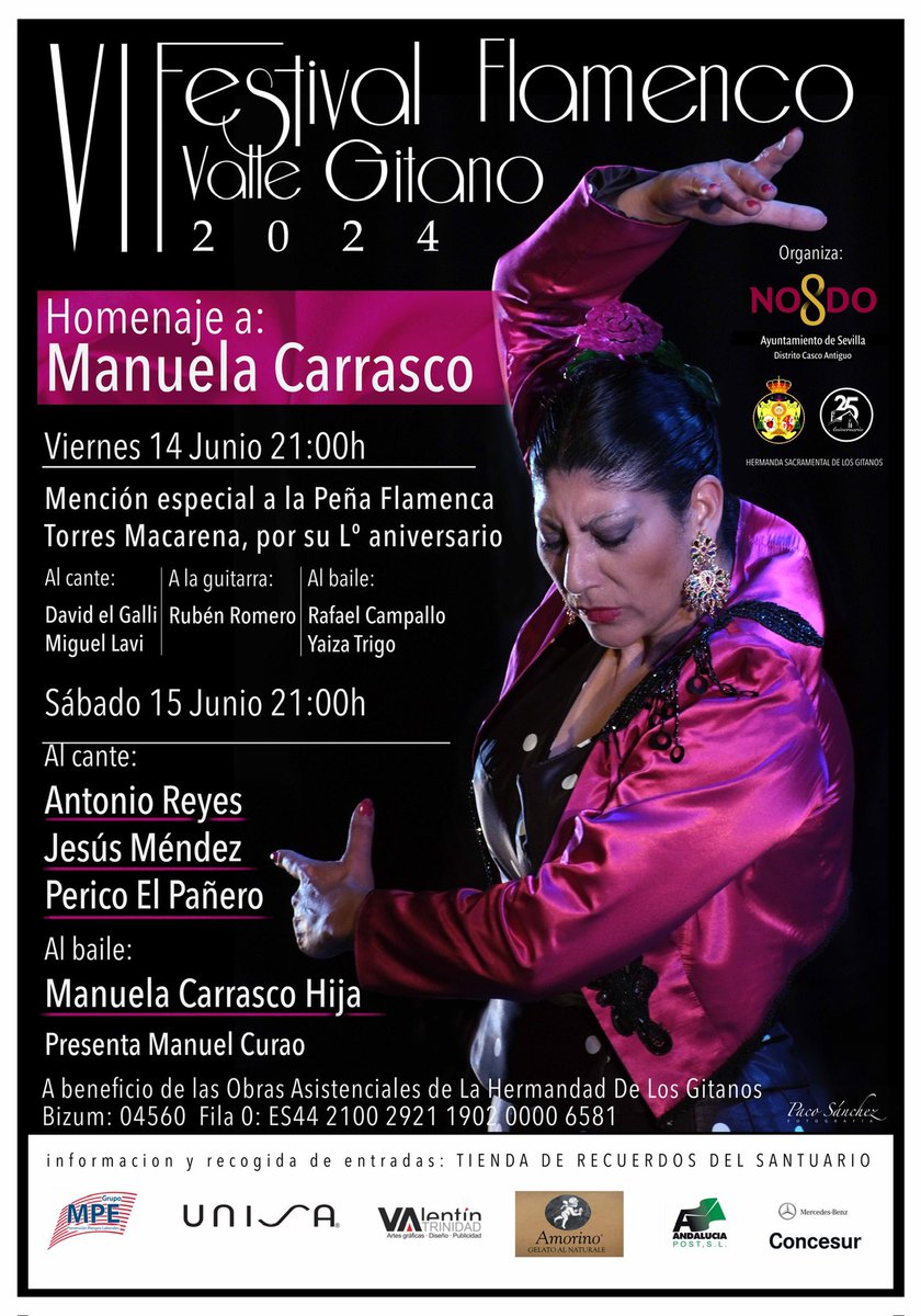 🟣 ACTUALIDAD Ya puedes consultar todos los datos sobre el VIº Festival Flamenco #ValleGitano24 Tendrá lugar los días 14 y 15 junio en los Jardines del Valle contando con artistas de la talla de Jesús Méndez, Antonio Reyes o Manuela Carrasco Hija entre otros. ENTRADAS: A