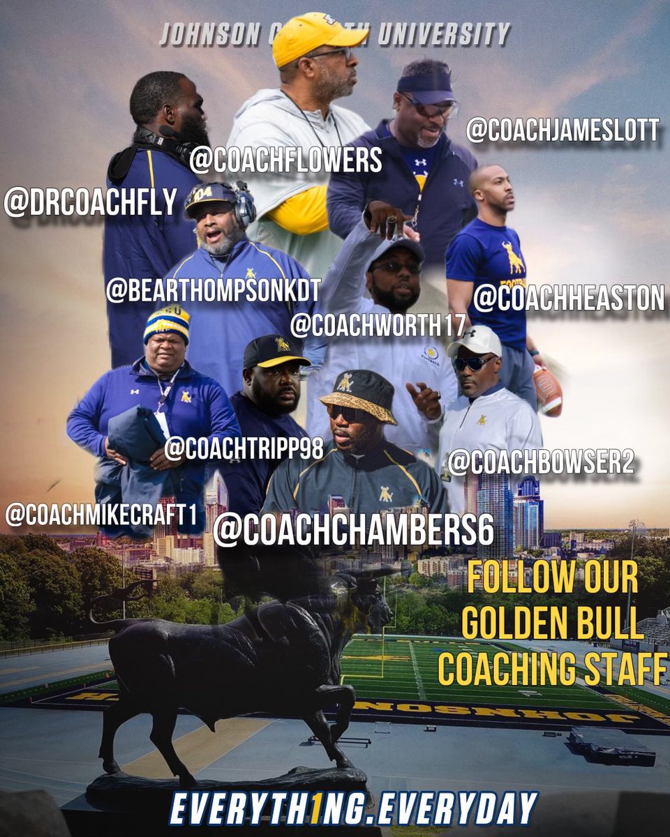Golden Bulls (@jcsufootball) on Twitter photo Follow the Golden Bulls Football Staff
HC: <a href="/CoachFlowers/">Coach Maurice Flowers</a>
AH/OL: <a href="/bearthompsonkdt/">Coach Kevin Thompson</a>
AH/DC: <a href="/CoachTripp98/">Barry Tripp</a>
SA/LB: <a href="/CoachBowser2/">David Bowser</a>
ST/DB: <a href="/coachjameslott/">James Preston Lott</a>
RC/DB: <a href="/coachworth17/">Chi-Emeke Worthington</a>
WR: <a href="/CoachHeaston/">Ryan Heaston</a>
TE/HB @coachchambers6
QB: @TyrellJacksson
RB: <a href="/CoachMikeCraft1/">Mike Craft</a>
S&C/DL <a href="/DrCoachFly/">Coach Kevon Fly</a> Follow the Golden Bulls Football Staff
HC: <a href="/CoachFlowers/">Coach Maurice Flowers</a>
AH/OL: <a href="/bearthompsonkdt/">Coach Kevin Thompson</a>
AH/DC: <a href="/CoachTripp98/">Barry Tripp</a>
SA/LB: <a href="/CoachBowser2/">David Bowser</a>
ST/DB: <a href="/coachjameslott/">James Preston Lott</a>
RC/DB: <a href="/coachworth17/">Chi-Emeke Worthington</a>
WR: <a href="/CoachHeaston/">Ryan Heaston</a>
TE/HB @coachchambers6
QB: @TyrellJacksson
RB: <a href="/CoachMikeCraft1/">Mike Craft</a>
S&C/DL <a href="/DrCoachFly/">Coach Kevon Fly</a>