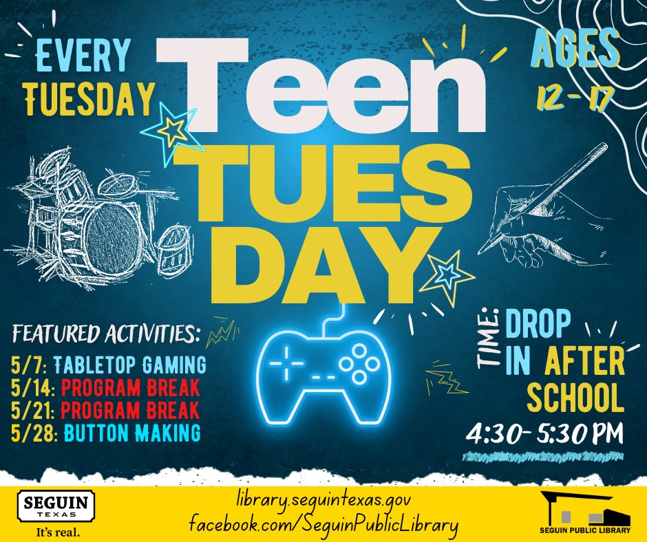 SeguinPublicLib's tweet image. 📣👩‍💻 #TeenTuesday is back this week! 🎉 Join us for Button Making at 4:30 p.m. today and unleash your creativity! 🎨 Don&apos;t miss out on this fun activity with your fellow teens! 😎 #TeenPrograms #ButtonMaking #CreativityUnleashed 💡