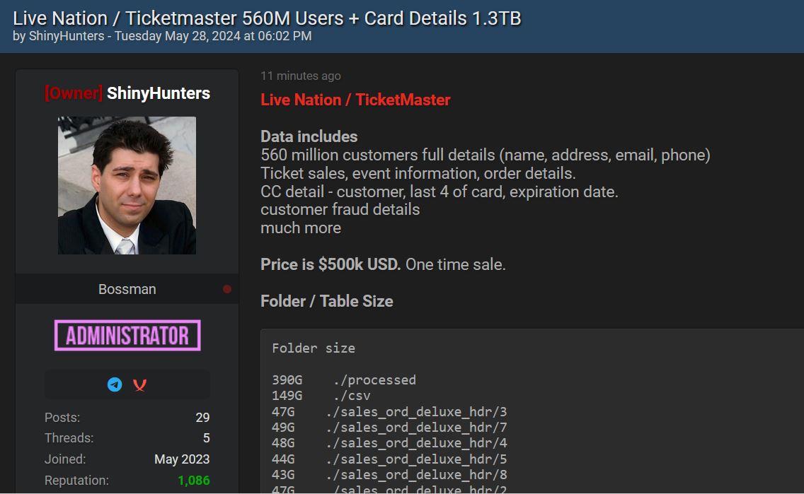 HackRead's tweet image. Breaking: #Ticketmaster has allegedly been hacked by ShinyHunters, extracting 560M user details, ticket sales, orders, event info, and card data, per Hackread's @WAK4S. The total data is over 1.3 TB as per the hacker - There is a post about it on the #BreachForums as well.