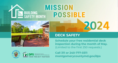 The Dept. of Permitting Services is offering free residential deck maintenance inspections and there are still appointments available. Call MC 311 or 240-777-0311 to book your inspection. 
ℹ➡ow.ly/TIBy50RY6rA.
#MoCoDPS #YourProjectPartner #BuildingSafetyMonth2024