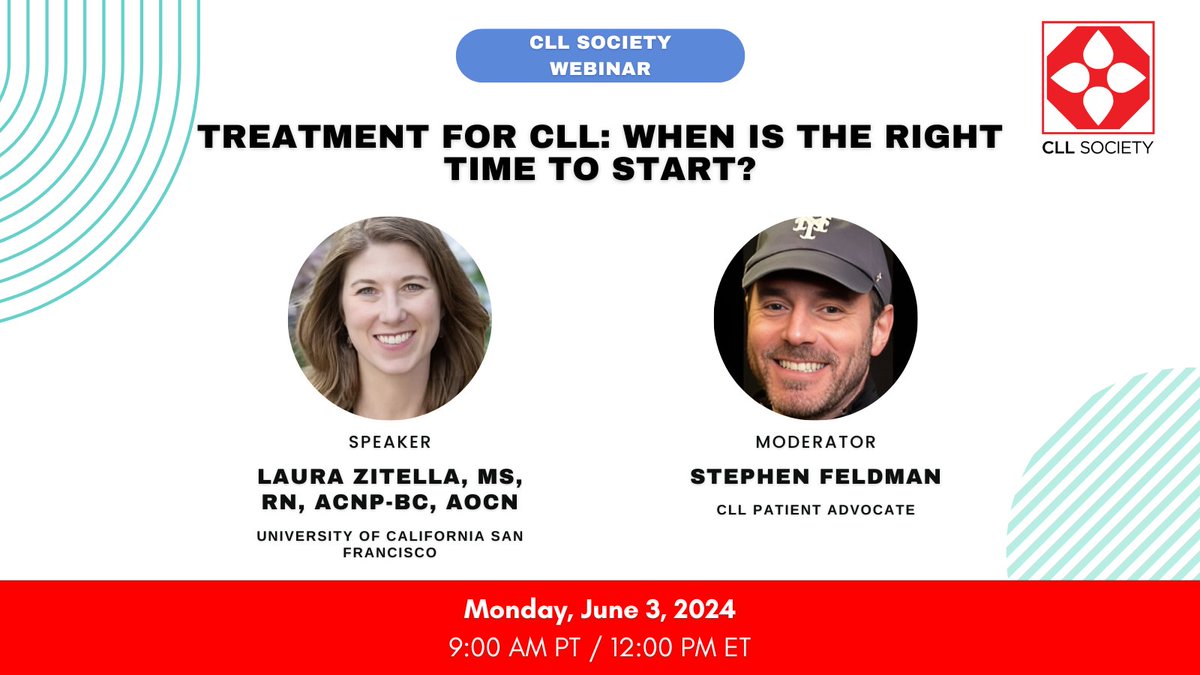 Join the @CllSociety on June 3rd for their webinar 'Treatment for CLL: When is the Right Time to Start?'. Learn more and register here: cllsociety.org/2024/05/treatm… #leusm #CLLsm