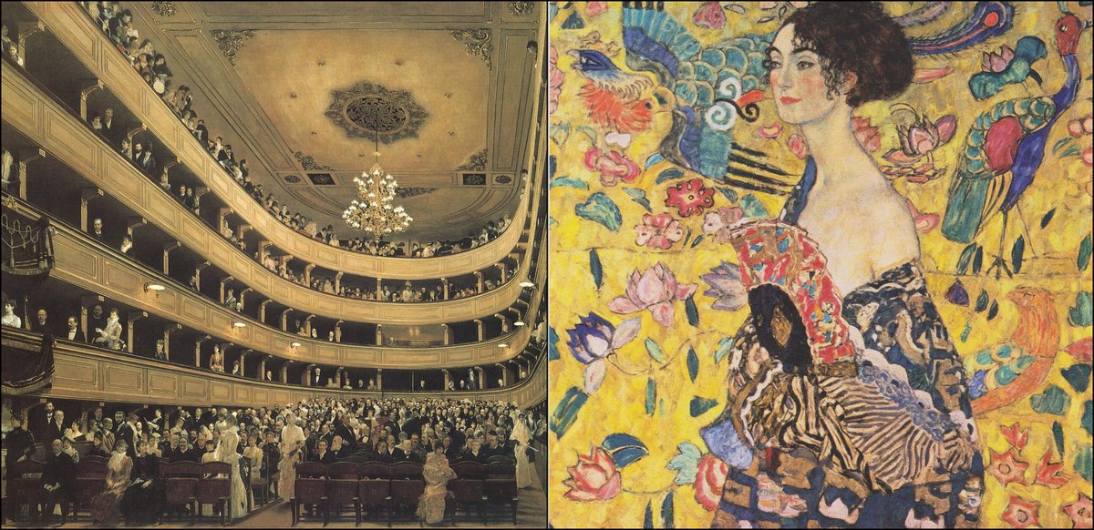 12. Gustav Klimt

The Old Burgtheater in Vienna (1888) and Lady with a Fan (1918)

A total transformation from relatively normal 19th century Realism to full-blown Art Nouveau — still, you can clearly see Klimt's love of brightness and pattern even in his first painting.