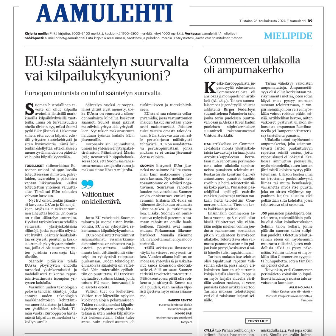 Markku Rentto (@markku_rentto) on Twitter photo Kirjoitimme <a href="/KimmoSasi/">Kimmo Sasi</a> kanssa mielipiteen Aamulehteen.
EU:sta sääntelyn suurvalta vai kilpailukykyunioni?
Lue koko artikkeli: markkurentto.fi/aamulehden-vie… Kirjoitimme <a href="/KimmoSasi/">Kimmo Sasi</a> kanssa mielipiteen Aamulehteen.
EU:sta sääntelyn suurvalta vai kilpailukykyunioni?
Lue koko artikkeli: markkurentto.fi/aamulehden-vie…