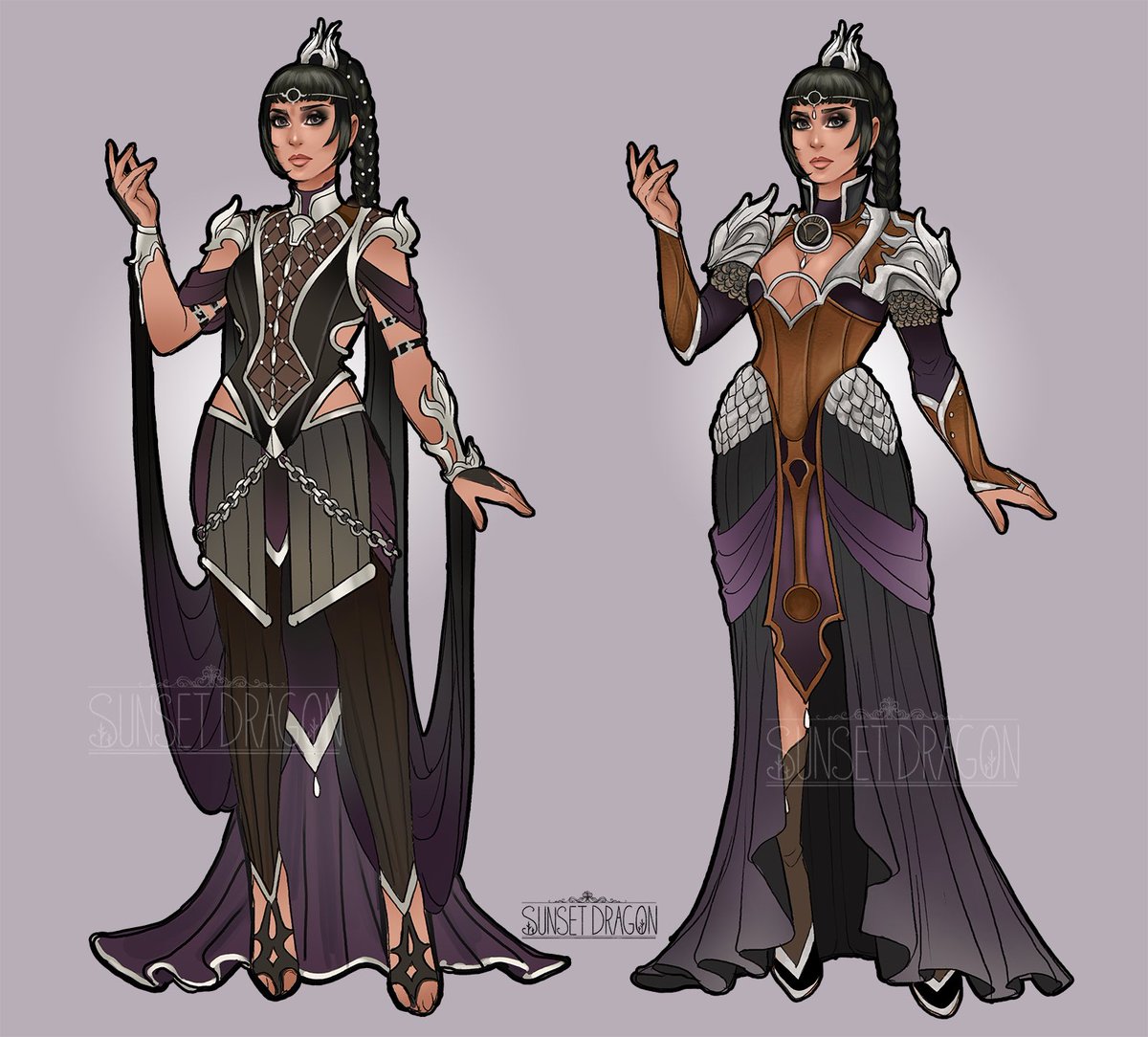 _SunsetDragon_'s tweet image. Karlach and Shadowheart fashion costume sketches ~ #baldursgate3