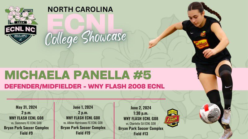 Michaela "KK" Panella (@kkpanella) on Twitter photo I'm so excited to be heading to ECNL NC this weekend! Here's my schedule! 🌸☀️⚽️
<a href="/ECNLgirls/">ECNL Girls</a> <a href="/TheSoccerWire/">SoccerWire</a> <a href="/TopDrawerSoccer/">TopDrawerSoccer</a> <a href="/PrepSoccer/">Prep Soccer ⚽️</a> <a href="/ImYouthSoccer/">ECNL/GA/Recruiting/College Soccer</a> <a href="/ImCollegeSoccer/">College Soccer Truth ™</a> <a href="/scoutingzone/">ScoutingZone®</a> I'm so excited to be heading to ECNL NC this weekend! Here's my schedule! 🌸☀️⚽️
<a href="/ECNLgirls/">ECNL Girls</a> <a href="/TheSoccerWire/">SoccerWire</a> <a href="/TopDrawerSoccer/">TopDrawerSoccer</a> <a href="/PrepSoccer/">Prep Soccer ⚽️</a> <a href="/ImYouthSoccer/">ECNL/GA/Recruiting/College Soccer</a> <a href="/ImCollegeSoccer/">College Soccer Truth ™</a> <a href="/scoutingzone/">ScoutingZone®</a>