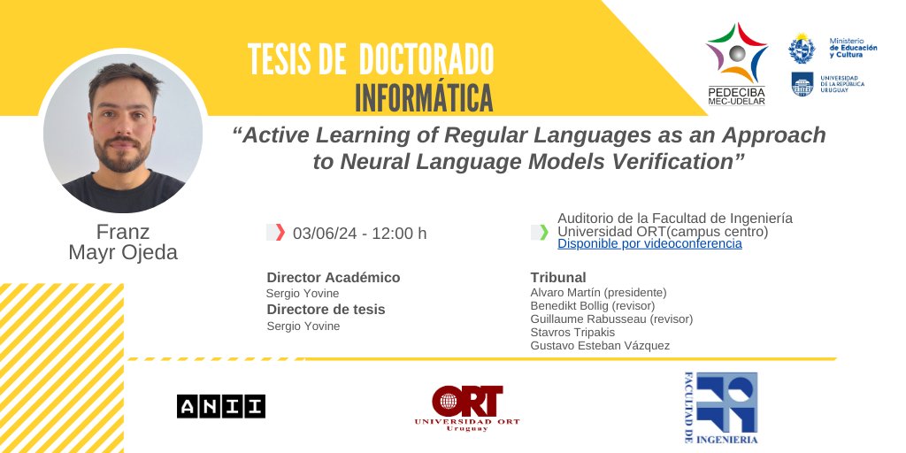 Defensa de tesis de Doctorado del Estudiante PEDECIBA Franz Mayr
Lunes 3/06 a las 12:00hs
Más info: pedeciba.edu.uy/es/defensa/act…

Si la investigación continúa, la ciencia avanza y la sociedad toda se beneficia
#SomosPEDECIBA apoyando el Desarrollo de las #CienciasBásicas