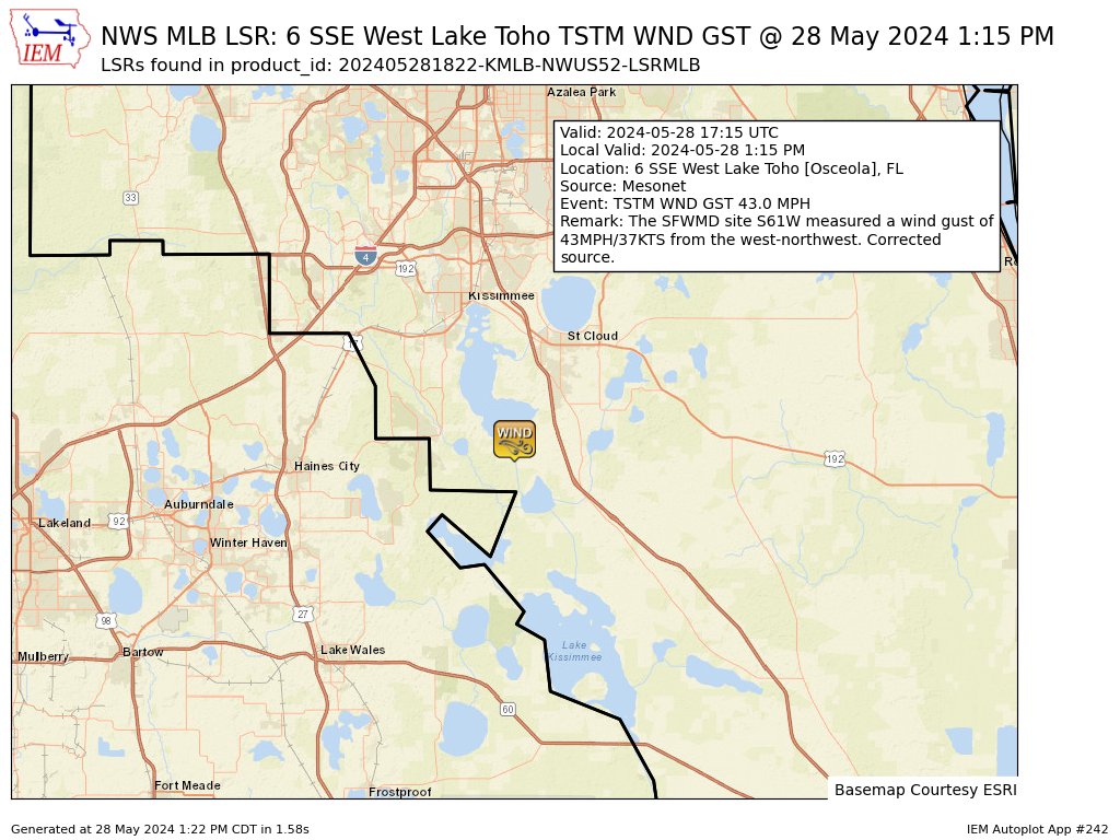 At 1:15 PM EDT, 6 SSE West Lake Toho [Osceola Co, FL] Mesonet reports Tstm Wnd Gst of M43 MPH. The SFWMD site S61W measured a wind gust of 43MPH/37KTS from the west-northwest. Corrected source. #flwx mesonet.agron.iastate.edu/lsr/#MLB/20240…