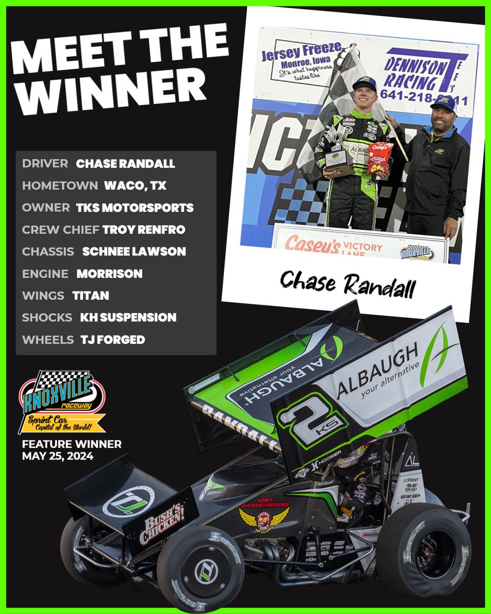 Meet the Winner, @ChaseRandall09! The 19 year-old drove to his first career Knoxville 410 feature win this past Saturday night! @TKSMotorsports @AlbaughLLC